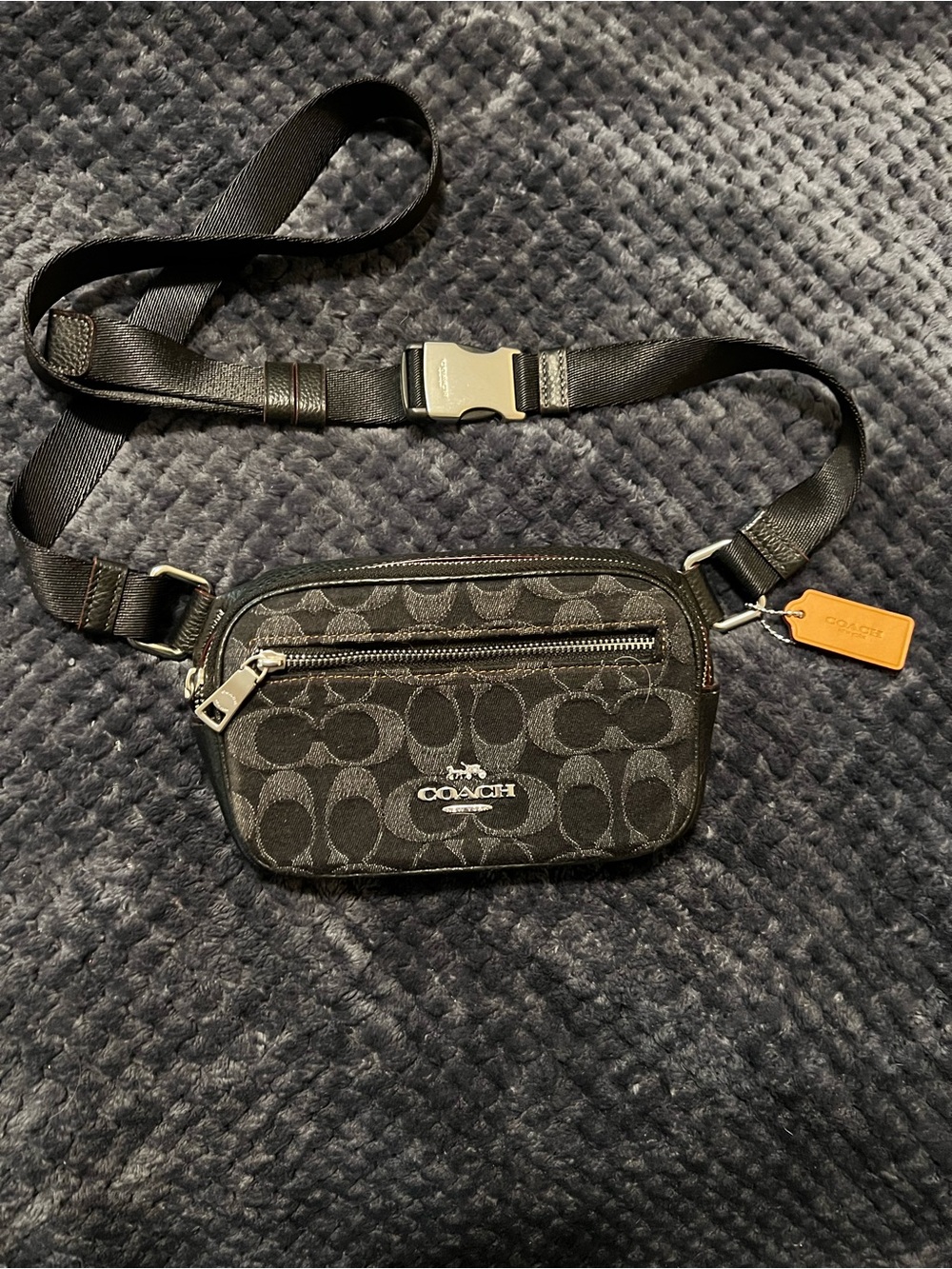 Coach Black Signature Canvas Belt Bag with brown Leather Tag